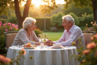 Couple d'anciens mariés souriants dans leur jardin pour leur 46e anniversaire