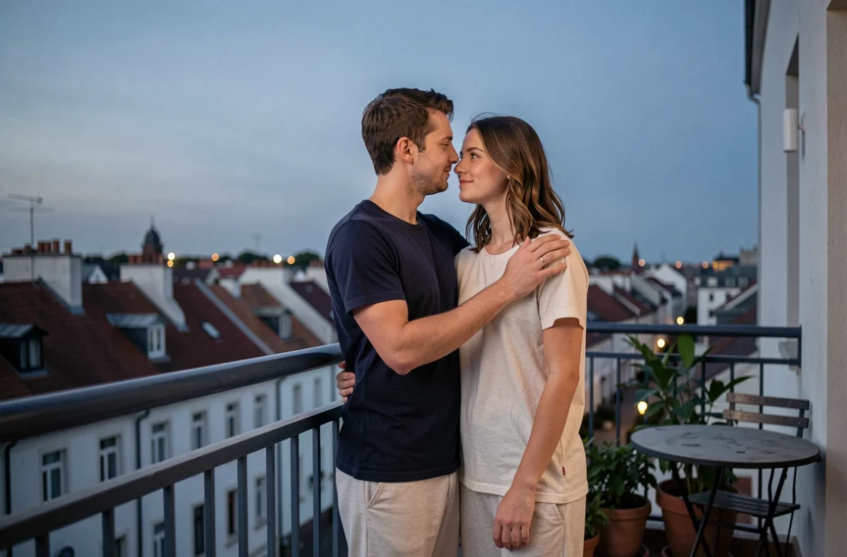 Couple sur un balcon urbain au lever du jour, regard vers le ciel à 05h55, illustrant un tournant décisif en amour