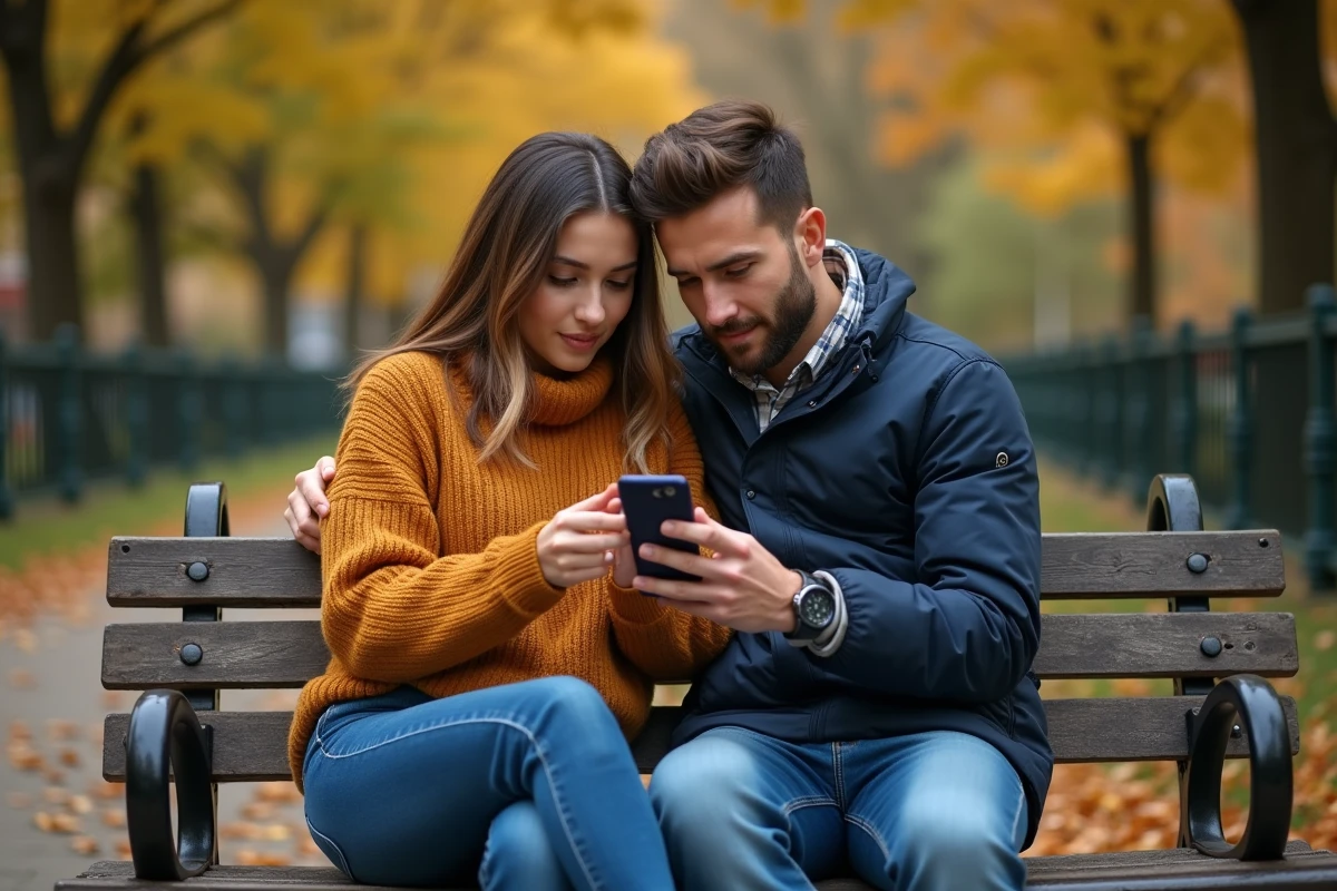 Couple regardant une citation sur la confiance en amour sur un smartphone dans un parc en automne