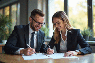 Couple souriant signant des documents légaux en bureau