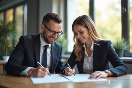 Couple souriant signant des documents légaux en bureau