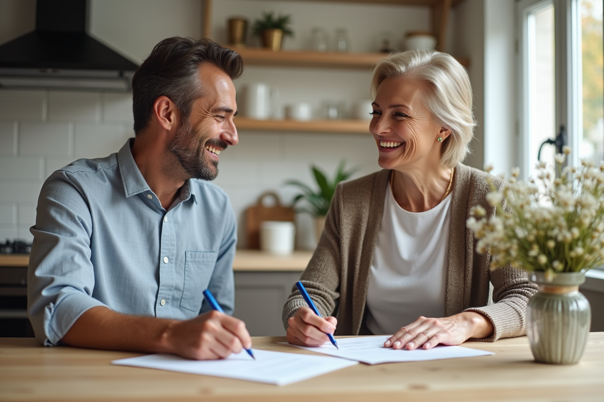 Couple français signant des papiers de prêt dans la cuisine