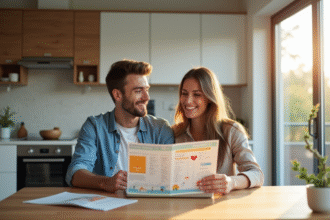 Couple souriant planifiant vacances dans un Airbnb lumineux