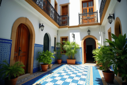 Cour intérieure andalouse à Cadix avec carrelages bleus et plantes