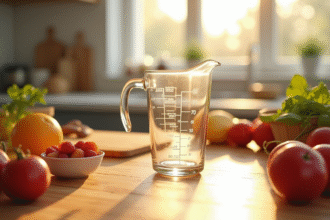 Cuillère de cuisine remplie à 30 cl avec ingrédients frais