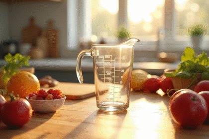 Cuillère de cuisine remplie à 30 cl avec ingrédients frais
