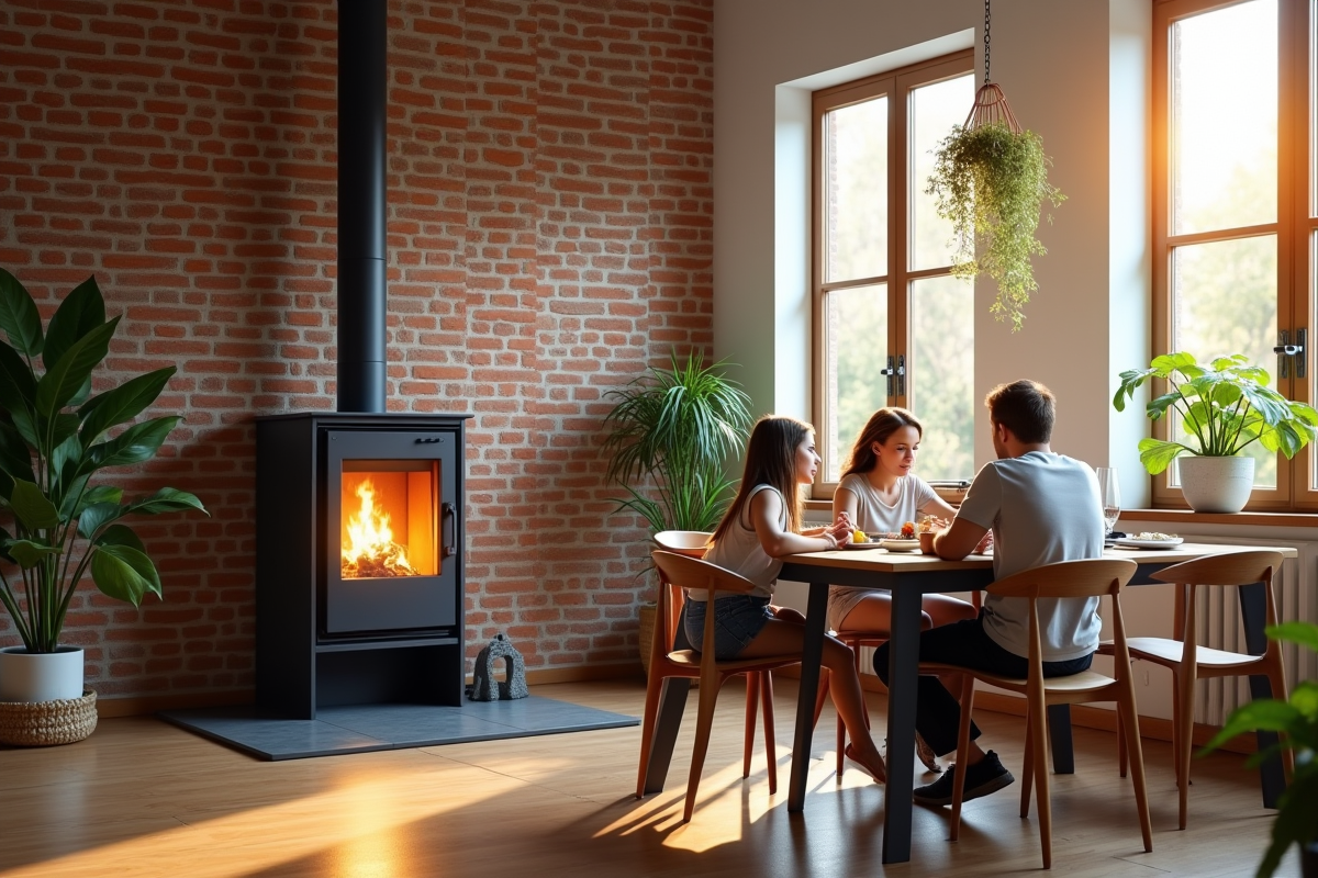 Cuisine contemporaine avec poêle à pellets et famille au petit déjeuner