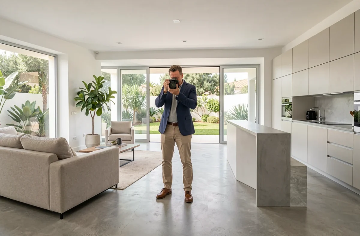 Photographe immobilier professionnel en train de photographier un intérieur moderne dans le Gard