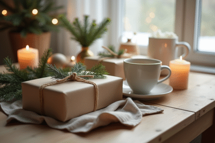 Arrangement de cadeaux scandinave sur une table en bois
