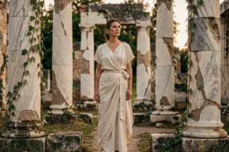 Femme en toge ivoire devant des colonnes de marbre antique en ruines, évoquant les déesses de la mythologie grecque