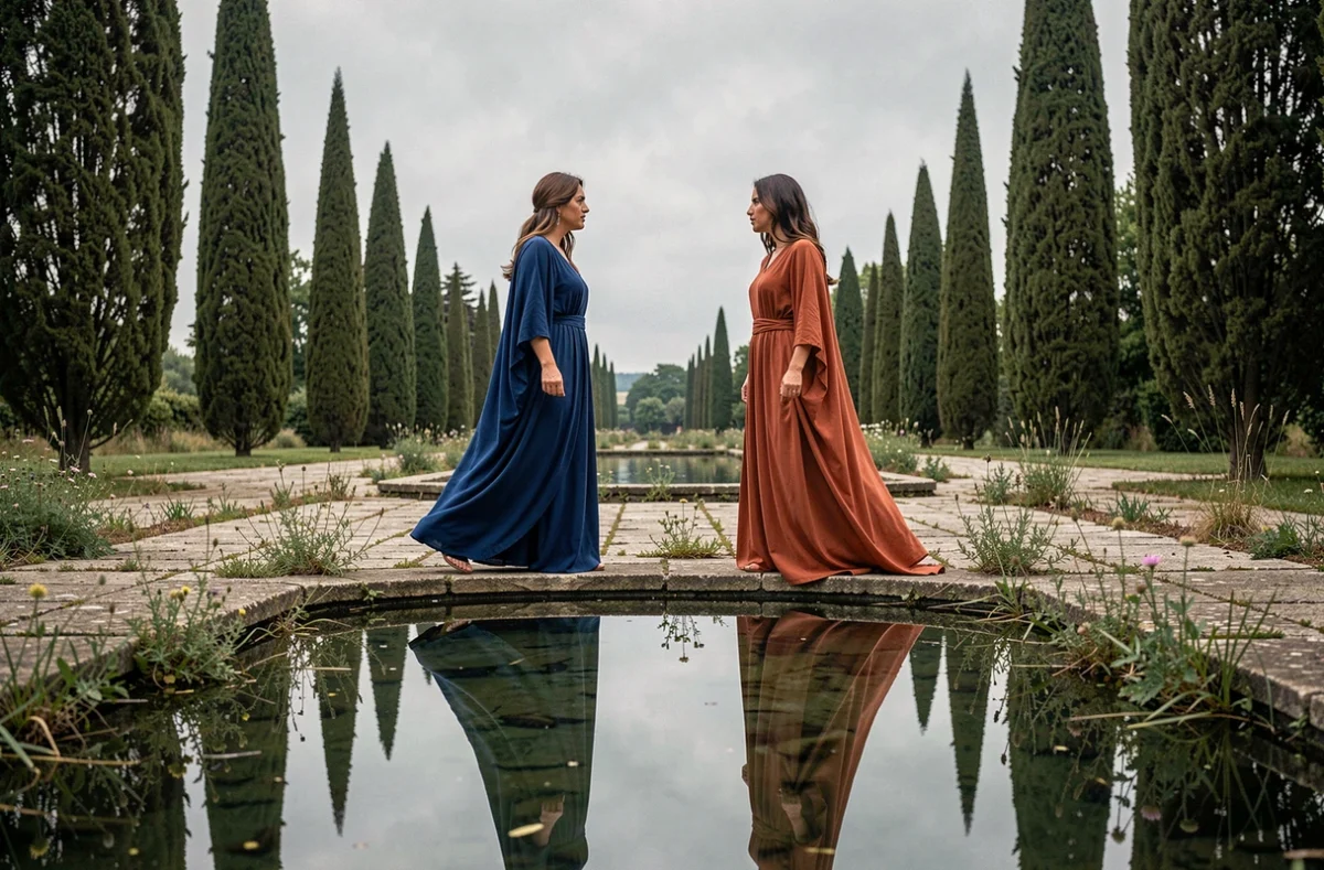 Deux femmes en tenues drapées antiques face à face près d'un bassin réfléchissant, symbolisant l'amour et le destin dans la mythologie grecque