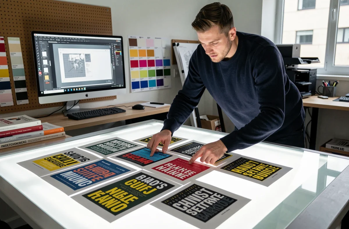 Designer graphique masculin comparant plusieurs maquettes de couvertures de livres sur une table lumineuse en studio