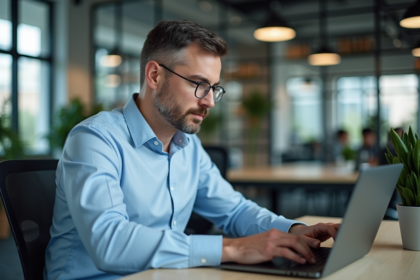 Homme developpeur logiciel au bureau moderne en pleine concentration
