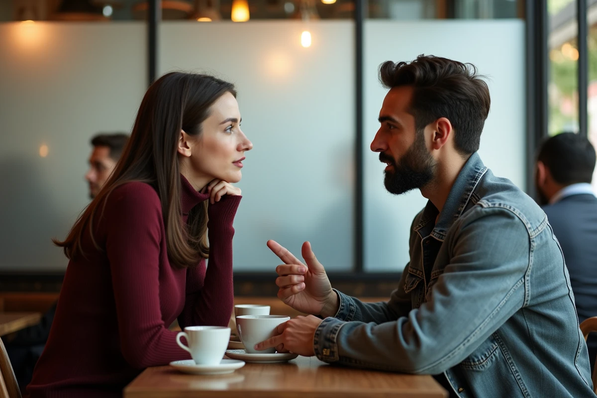 Deux personnes en discussion sincère dans un café, illustrant un moment de confiance et de coming out dans un contexte de découverte bisexuelle