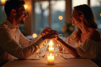 Couple main dans la main lors d'un dîner romantique