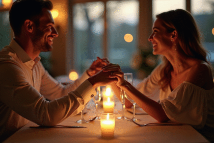 Couple main dans la main lors d'un dîner romantique