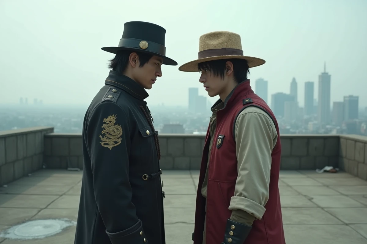 Deux cosplayeurs incarnant Dragon et Luffy de One Piece sur un toit urbain, illustrant les liens père-fils et le destin croisé