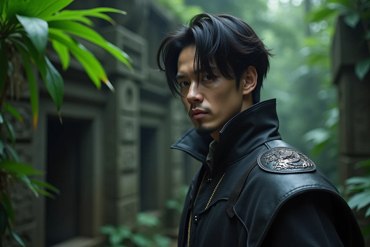 Portrait rapproché d'un cosplayeur incarnant Dragon de One Piece dans une jungle mystérieuse, symbolisant son rôle révolutionnaire et son héritage