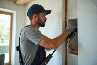 Électricien travaillant dans une maison moderne avec outils et gants