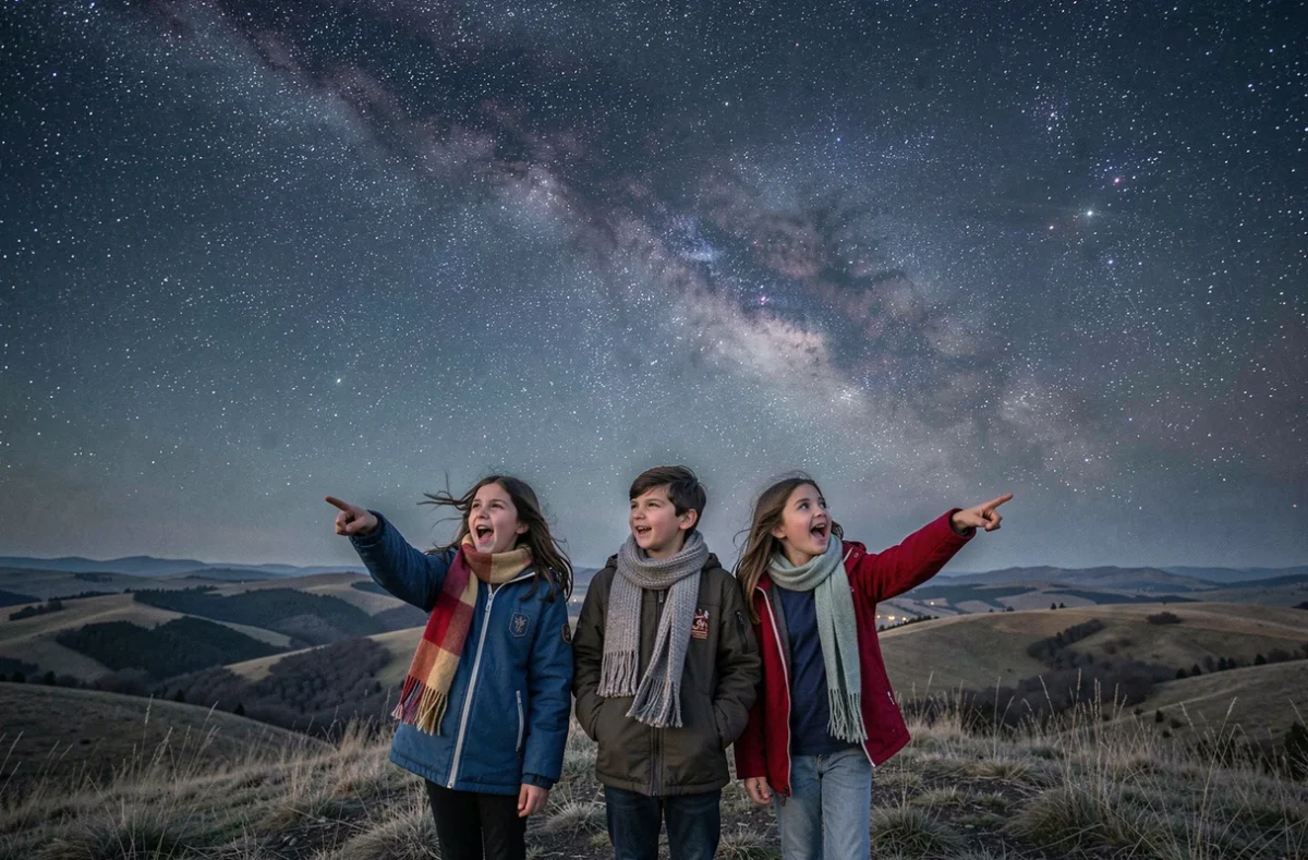 Groupe d'enfants pointant les étoiles depuis un sommet de colline au crépuscule