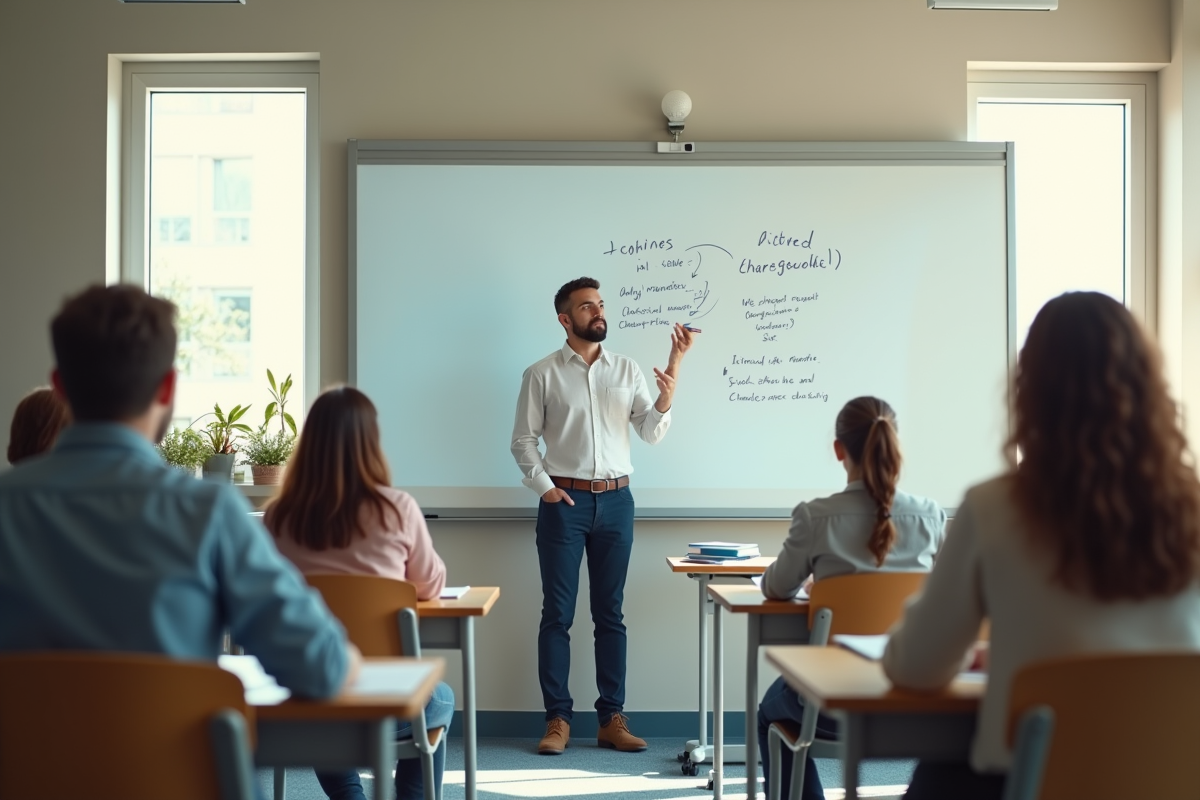 Enseignant devant le tableau en classe lumineuse