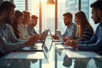 Groupe de professionnels collaborant autour d'une table lumineuse