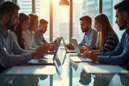 Groupe de professionnels collaborant autour d'une table lumineuse