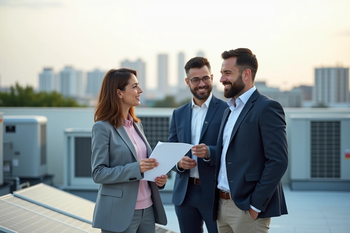 Equipe de gestionnaires sur un toit avec panneaux solaires
