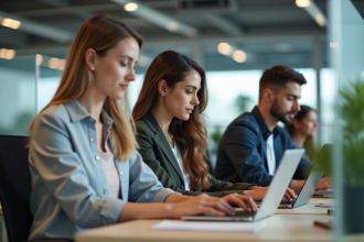 Groupe divers d'employes travaillant en open space moderne