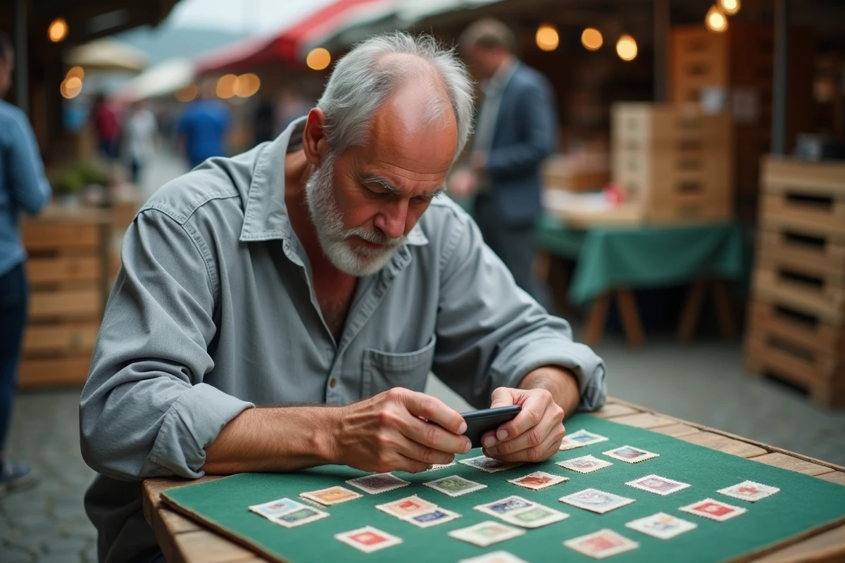 Homme photographiant des timbres anciens dans un marché aux puces pour les estimer sur Delcampe