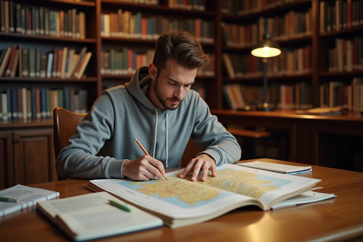 Étudiant annotant un atlas des Länder allemands dans une bibliothèque universitaire