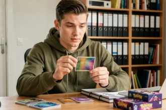 Jeune homme examinant une carte Pokémon holographique de la série Aventure Ensemble à son bureau