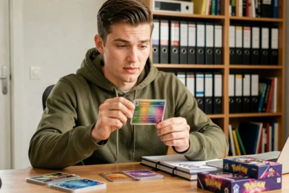 Jeune homme examinant une carte Pokémon holographique de la série Aventure Ensemble à son bureau