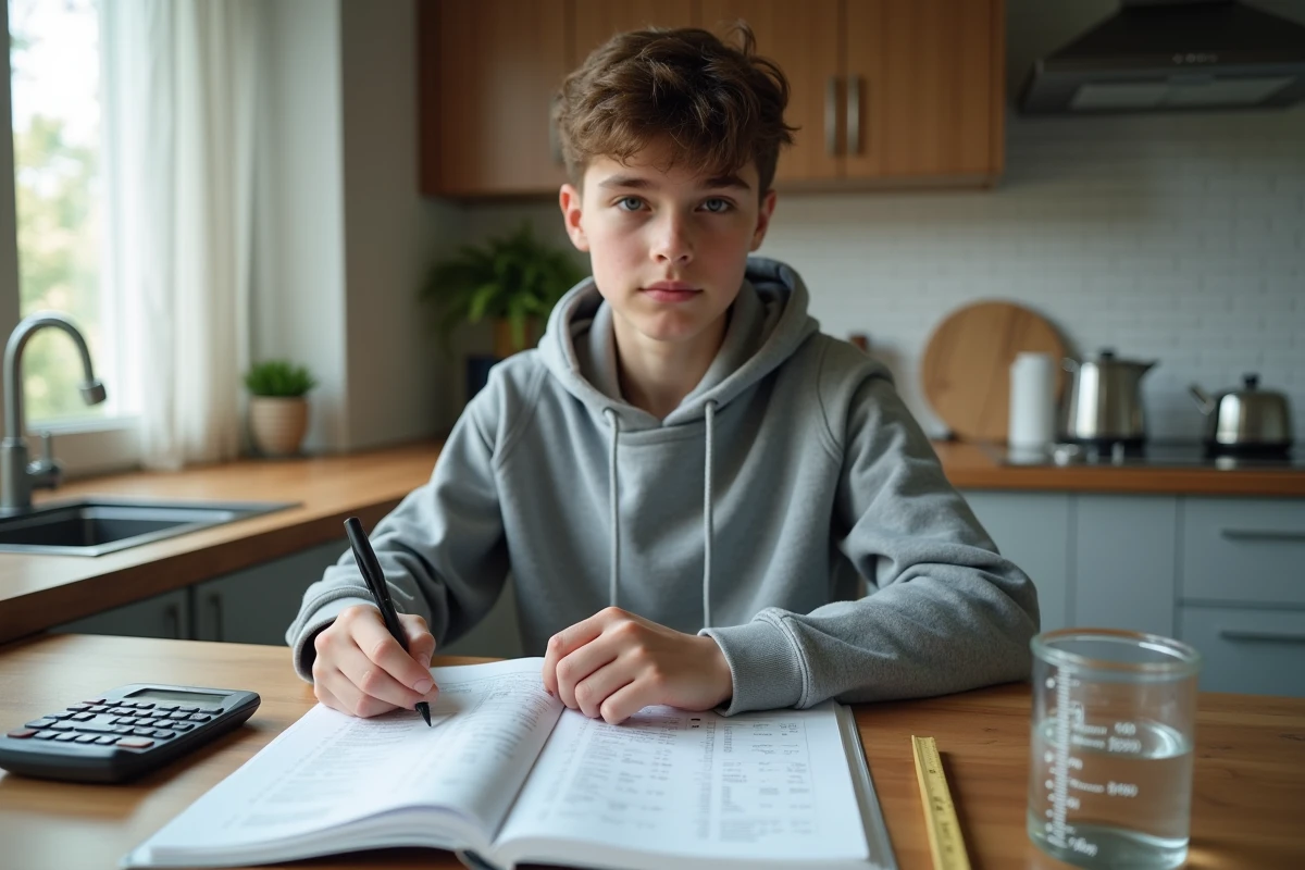 Élève travaillant sur un exercice de conversion litres cm3 à la maison avec un manuel scolaire et une carafe graduée