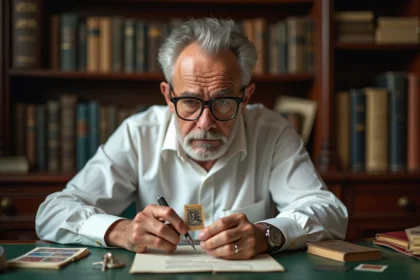 Expert philatéliste examinant un timbre rare avec une loupe dans un bureau antique entouré de catalogues et d'albums philatéliques