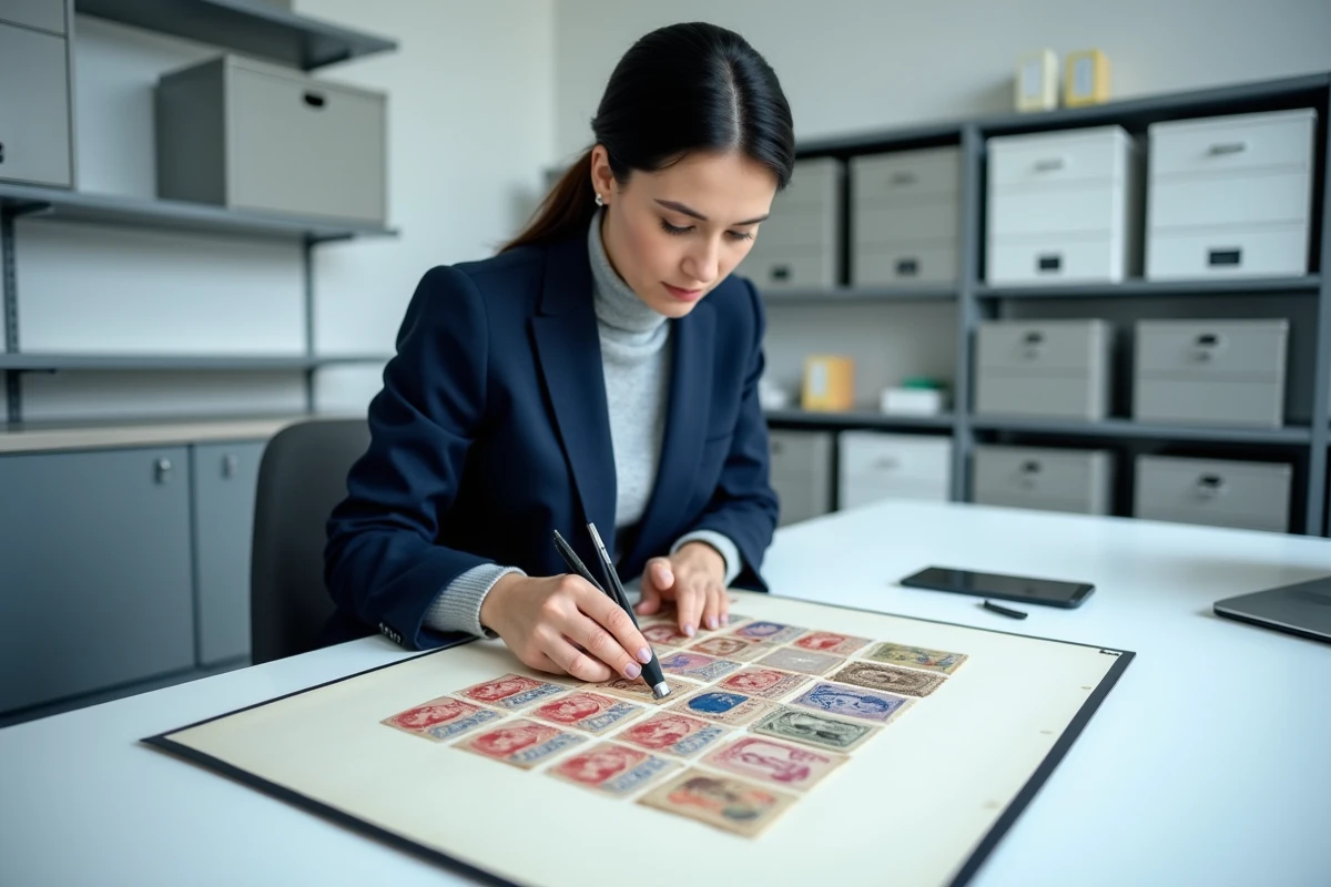 Experte en philatélie évaluant une collection de timbres anciens du XIXe siècle sur une table d'expertise professionnelle