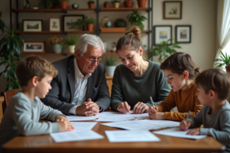 Famille réunie autour de documents et photos dans une salle à manger chaleureuse