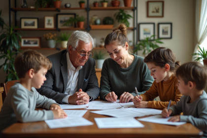 Famille réunie autour de documents et photos dans une salle à manger chaleureuse