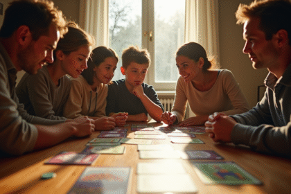 Famille jouant à Mille Bornes autour d'une table en journée