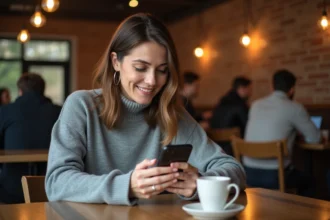 Femme jouant à 4 Images 1 Mot sur smartphone dans un café, solution 6 lettres affichée à l'écran