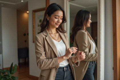 Jeune femme en blazer testant accessoires devant miroir
