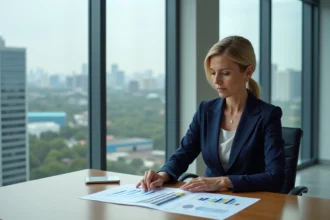 Femme d'affaires en costume navy examine des rapports d'énergie