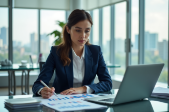 Femme d'affaires en costume bleu analysant des graphiques financiers