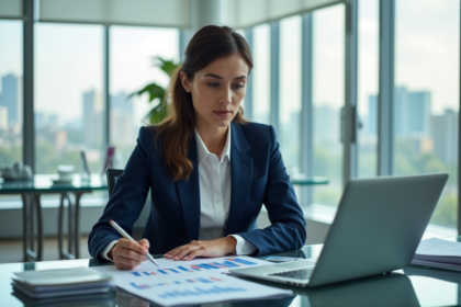 Femme d'affaires en costume bleu analysant des graphiques financiers
