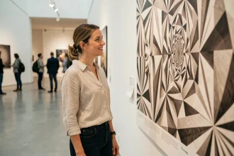 Femme admirant l'affiche de l'exposition Escher dans le hall d'un musée à Toulouse