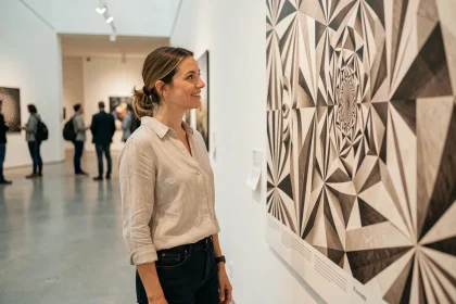 Femme admirant l'affiche de l'exposition Escher dans le hall d'un musée à Toulouse