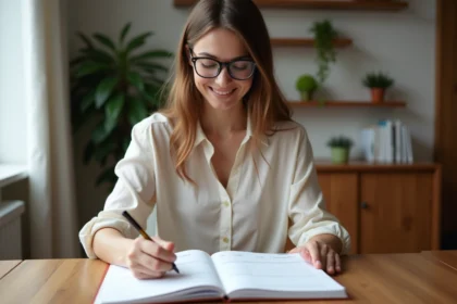 Femme lisant un agenda 2026 dans un cadre cosy