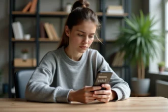 Jeune femme analysant les statistiques d'abonnés TikTok sur son smartphone pour détecter des bots