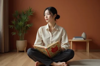 Femme consultant un livre d'astrologie chinoise avec des illustrations du signe du Coq pour l'année 2026