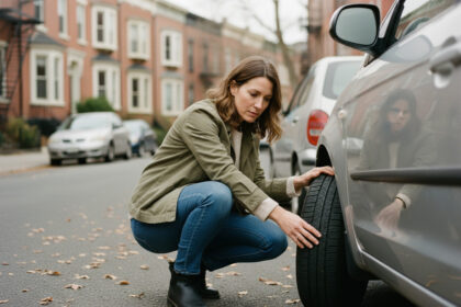 Femme en automne examinant son pneu de voiture en ville